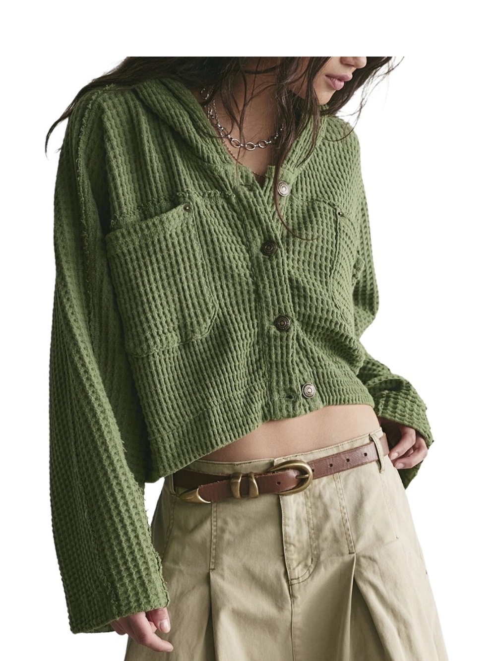 Free People Olive Green Waffle Button-Front Crop Hoodie